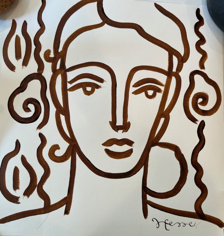 a portrait of a woman with a blank expression done in chocolate-colored ink on paper. she is surrounded by swirls and botanical patterns.