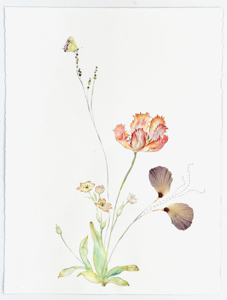 a mixed media piece made of watercolor, pressed flowers, thread, sequins, and other unique materials that creates a twist on a classic botanical watercolor. there is a large fluffy orange and red tulip and three smaller yellow blossoms. at the top of the tallest stem there is a lemon yellow butterfly