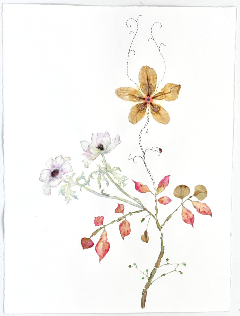 a mixed media piece made of watercolor, pressed flowers, thread, sequins, and other unique materials that creates a twist on a classic botanical watercolor. there is a large pressed flower at the top that has five petals and small stitched swirls coming off of it. there are two white poppies with black centers and frilly green leaves. there are reddish fall leaves on the stem as well.