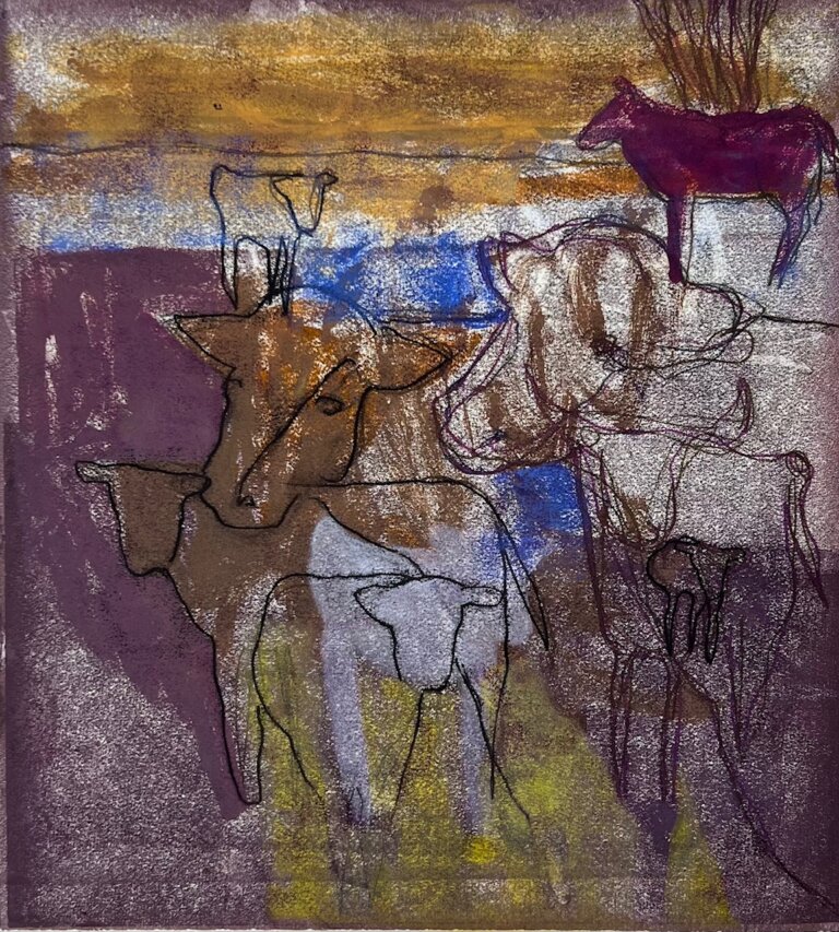 an abstract art piece showing overlapping cows and color blocks in shades of chartreuse, mauve, eggplant, cobalt, lilac, ochre, and black outlined cows.