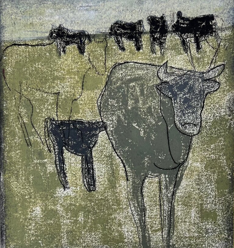 an abstract art piece featuring 7 cows against a green and gray background. some of te cows are black, one is gray, and one is just a black outline.