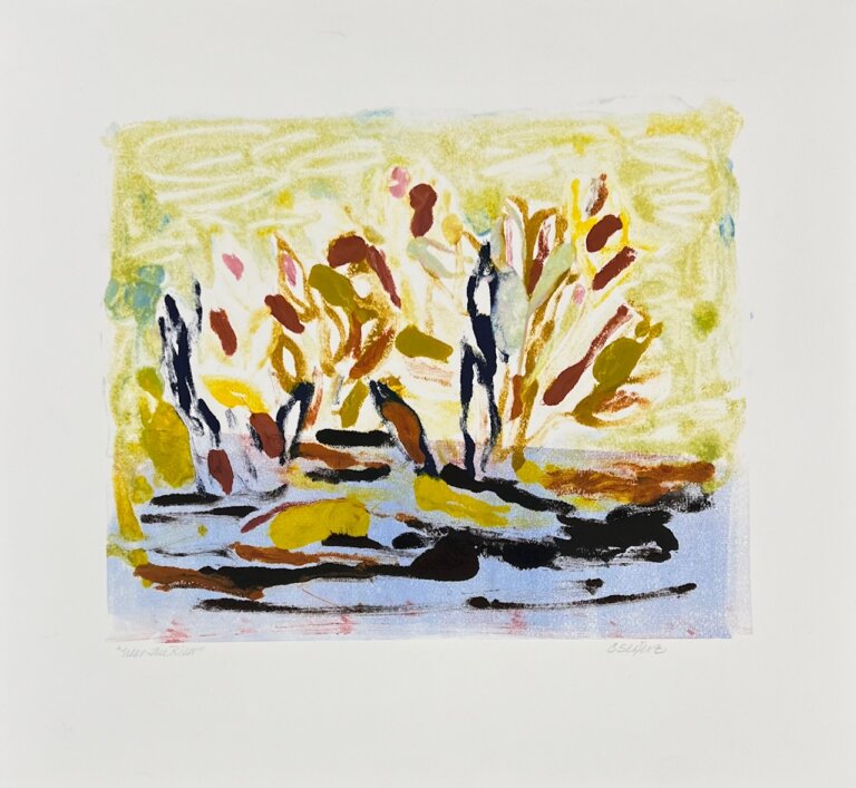 an abstract art piece of a light yellow sky and a pale blue body of water. there are cattails growing next to the water. the brushstrokes are wide and loose.