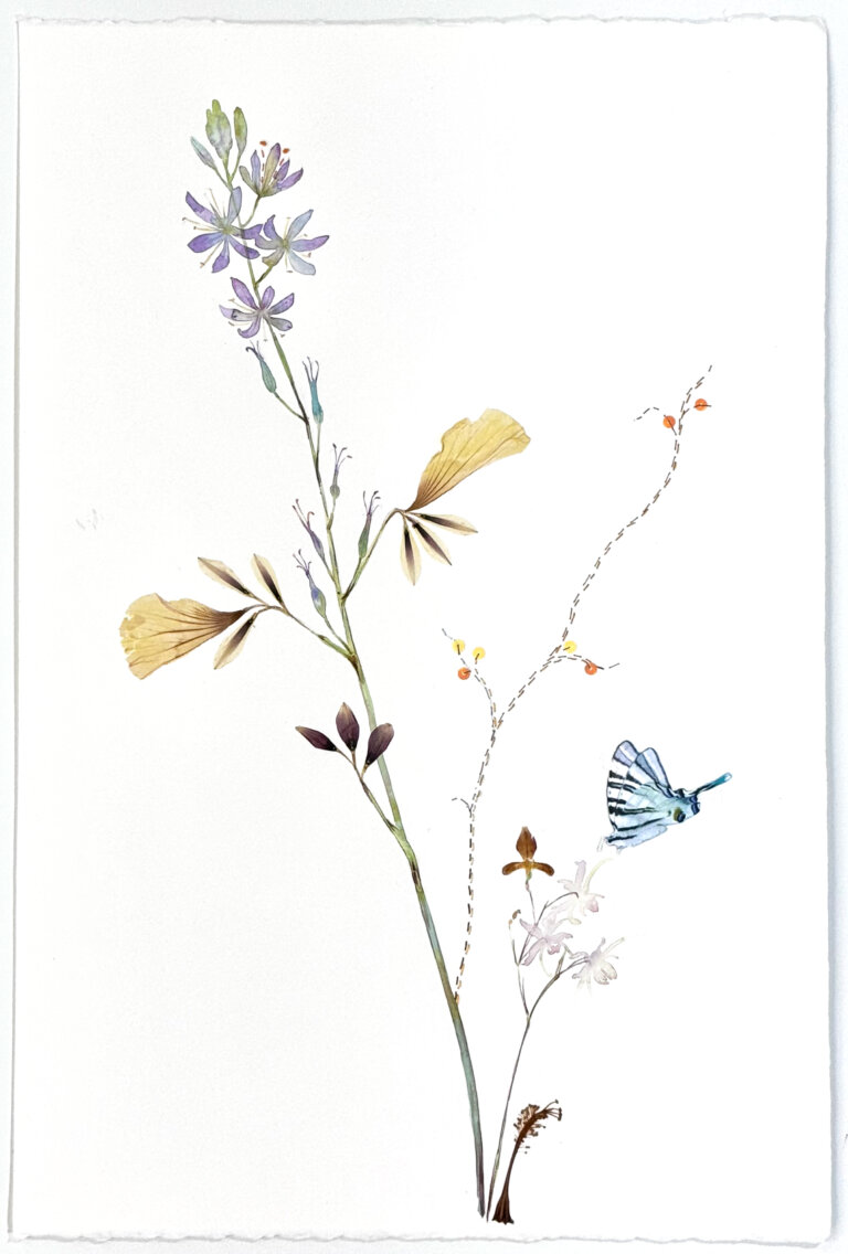 a mixed media piece made of watercolor, pressed flowers, thread, sequins, and other unique materials that creates a twist on a classic botanical watercolor. there are a few light purple blossoms on the stem along with pressed petals. there are some small pale purple blossoms to the bottom right with a blue swallowtail butterfly fluttering nearby
