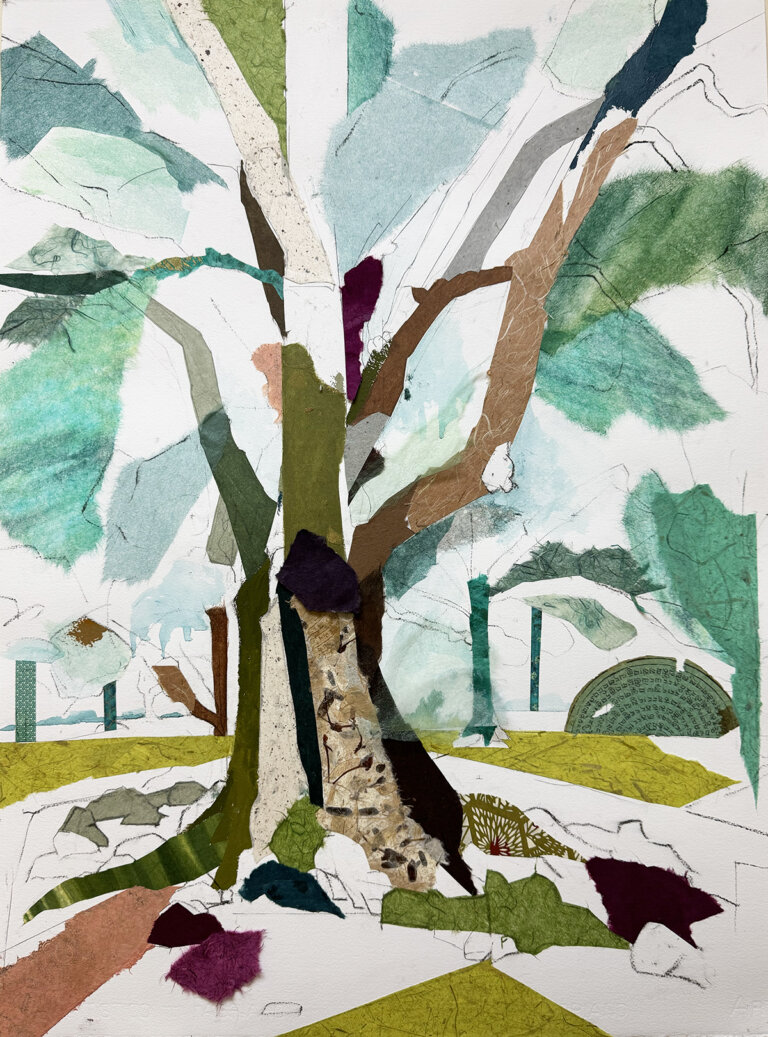an abstract piece with a white background that resembles a large tree with large branches that's in various shades of green, blue, brown, orange, and tan