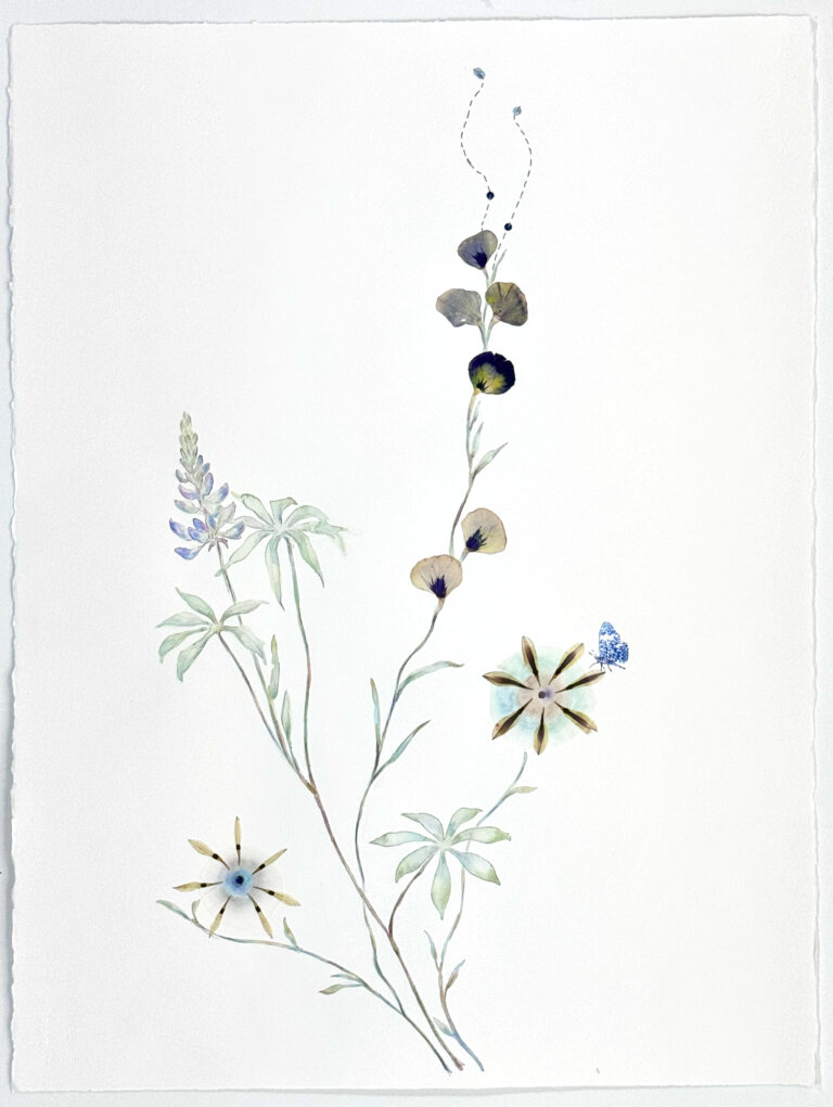 a mixed media piece made of watercolor, pressed flowers, thread, sequins, and other unique materials that creates a twist on a classic botanical watercolor. there are a few pressed petals on the central stem that extend almost to the top of the page. there is a small blue butterfly on the far right blossom.
