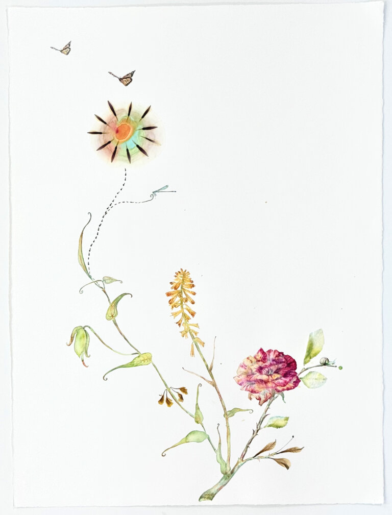 a mixed media piece made of watercolor, pressed flowers, thread, sequins, and other unique materials that creates a twist on a classic botanical watercolor. there is a large pink blossom to the bottom right of the piece, and to the left of it is a spindly yellow flower. on the far left towards the top of the page, there is a sunburst flower with thin petals radiating outwards. there are two small butterflies flying above this blossom, and a light blue dragonfly hovering below