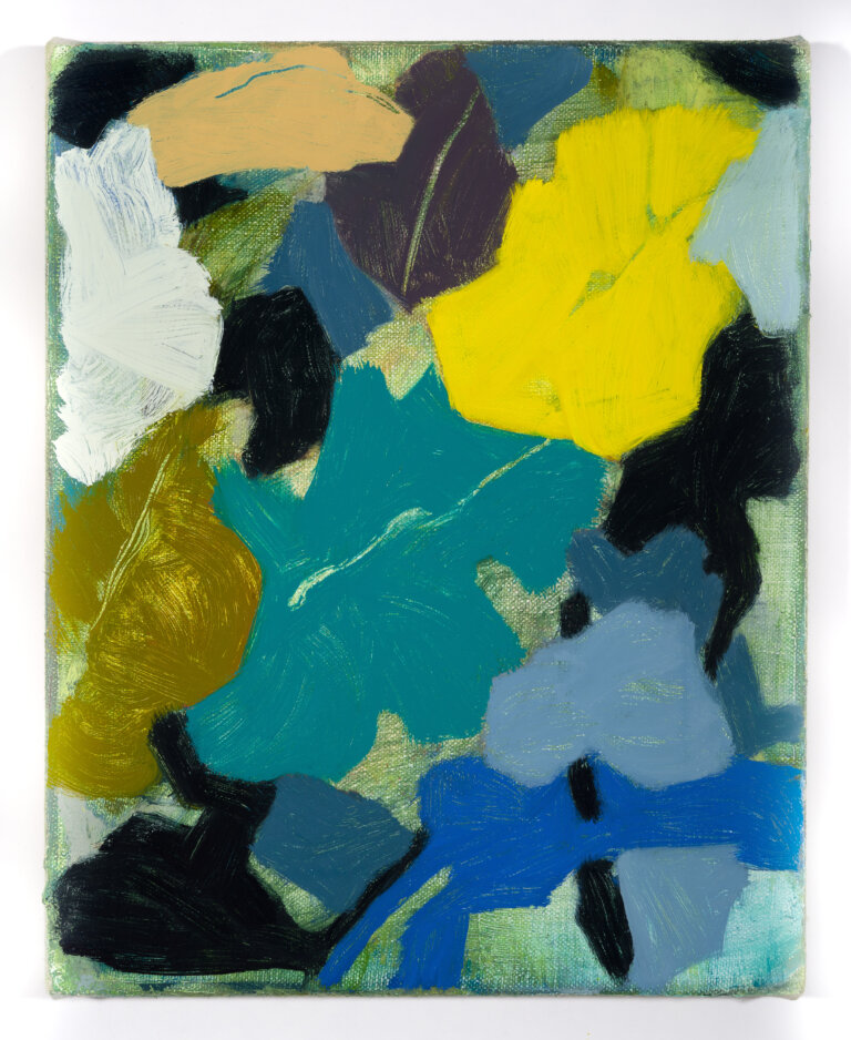 an abstract painting that has several leaf-like shapes overlapping. the colors are olive, white, peach, black, teal, cobalt, powder blue, plum, and lemon yellow against a background of pale green