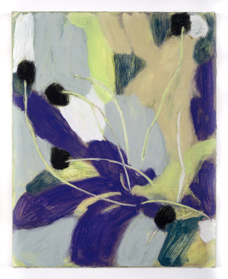 an abstract vaguely botanical painting with shapes in shades of soft pear green, tan, light gray, navy, violet, and charcoal
