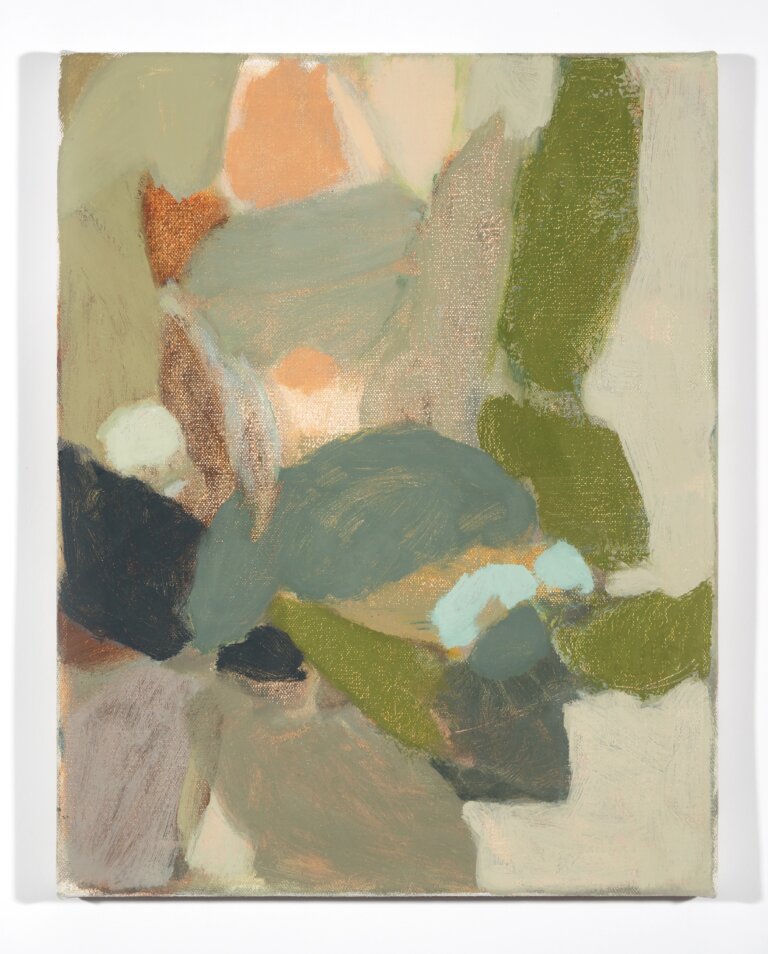 an abstract botanical piece that has vaguely leaf-like shapes overlapping in shades of olive, taupe, peach, aqua, and mint