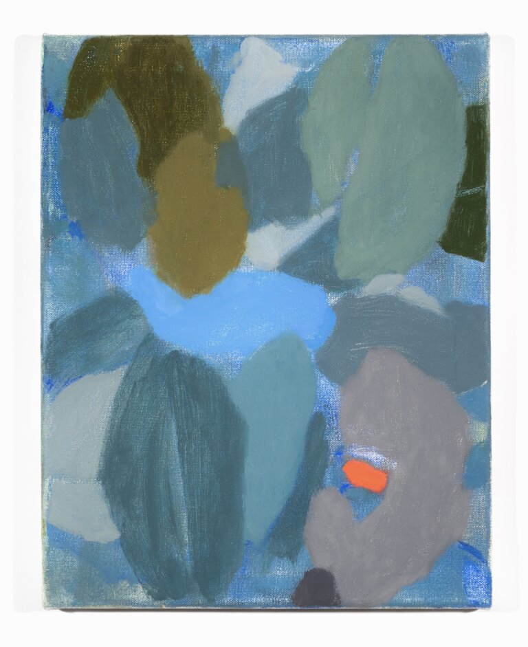 an abstract botanical piece with leaf-like shapes in shades of blue, aqua, purple gray, olive, and a bright spot of orange