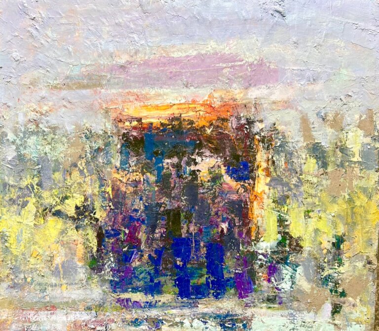 an abstract landscape with a lot of textured paint. there is a dark center to the painting in cobalt and violet with a touch of orange and yellow. the sky is a pale purple, and there is yellow grass around