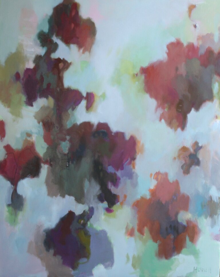 an oil piece on canvas with primarily pastel blue-toned background with a multi colored abstraction on the canvas in a leaf-like pattern. the abstractions are mainly deep orange, rust, and maroon colored with some accents or lavender, olive, and mint