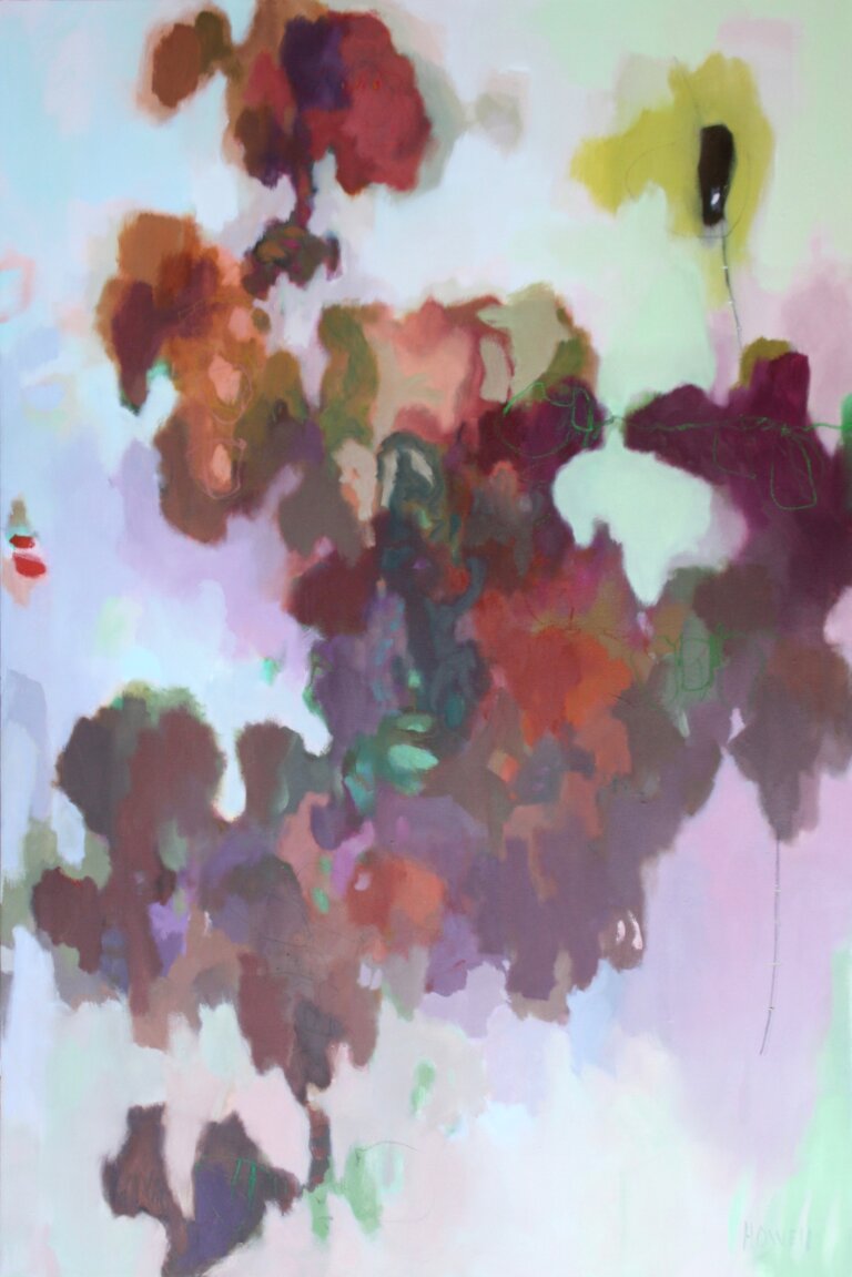 an oil piece on canvas with primarily pastel blue-toned background with a multi colored abstraction on the canvas in a leaf-like pattern. the abstractions are mainly deep orange, rust, and maroon colored with some accents or lavender, olive, and mint