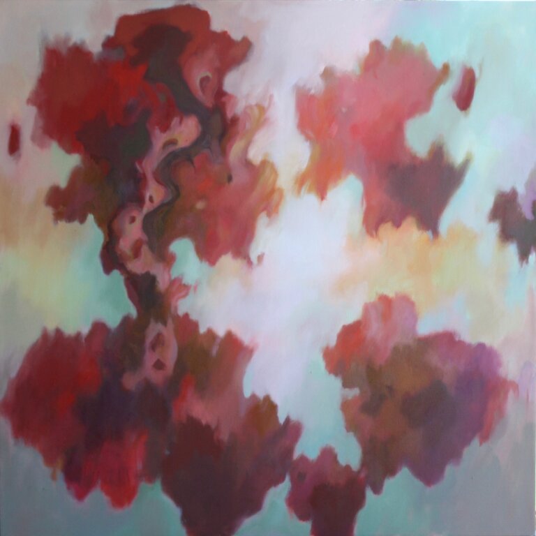 an oil piece on canvas with primarily pastel blue-toned background with a multi colored abstraction on the canvas in a leaf-like pattern. the abstractions are mainly deep orange, rust, and maroon colored with some accents or lavender, olive, and mint