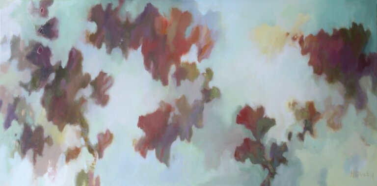 an oil piece on canvas with primarily pastel blue-toned background with a multi colored abstraction on the canvas in a leaf-like pattern. the abstractions are mainly deep orange, rust, and maroon colored with some accents or lavender, olive, and mint