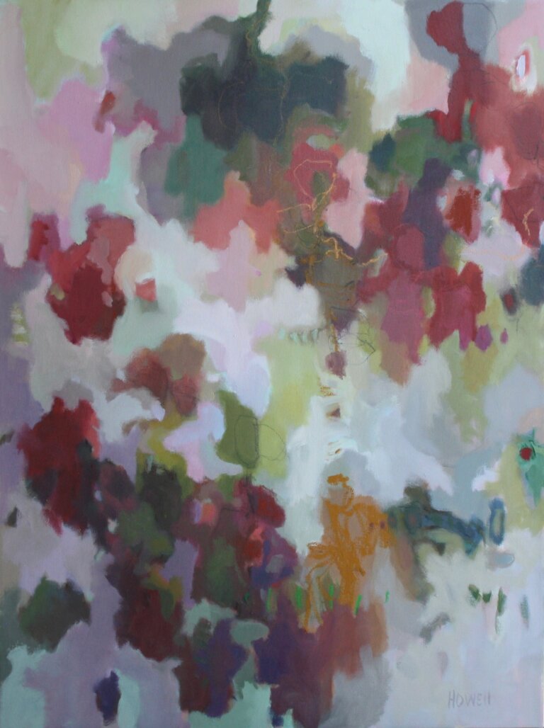 an oil piece on canvas with primarily pastel blue-toned background with a multi colored abstraction on the canvas in a leaf-like pattern. the abstractions are mainly deep orange, rust, and maroon colored with some accents or lavender, olive, and mint