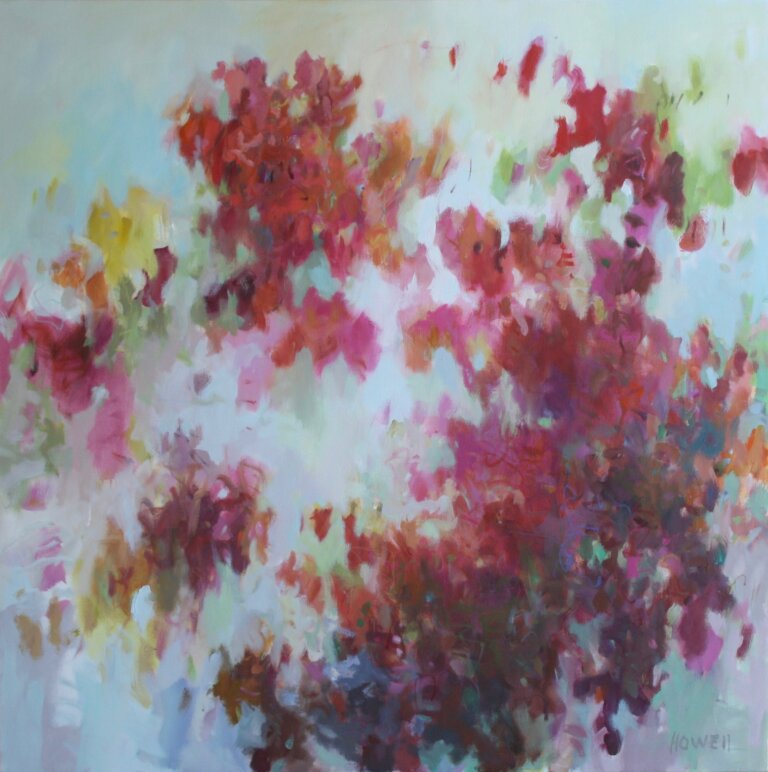 an oil piece on canvas with primarily pastel blue-toned background with a multi colored abstraction on the canvas in a leaf-like pattern. the abstractions are mainly deep orange, rust, and maroon colored with some accents or lavender, olive, and mint