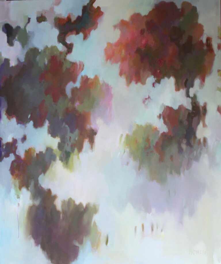 an oil piece on canvas with primarily pastel blue-toned background with a multi colored abstraction on the canvas in a leaf-like pattern. the abstractions are mainly deep orange, rust, and maroon colored with some accents or lavender, olive, and mint