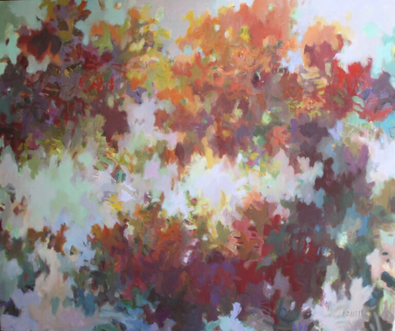 an oil piece on canvas with primarily pastel blue-toned background with a multi colored abstraction on the canvas in a leaf-like pattern. the abstractions are mainly deep orange, rust, and maroon colored with some accents or lavender, olive, and mint