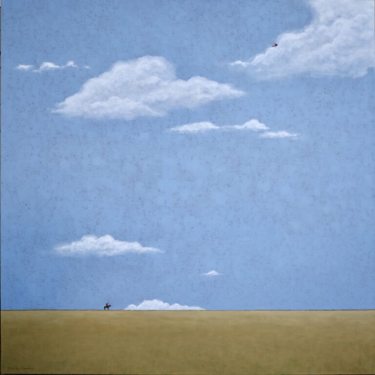 an abstract landscape of tan ground with a blue sprawling sky above it. there are a few clouds in the sky, and there is a small figure partially visible behind the clouds in the top right corner. the edge of a red cape and two legs, which look like superman, are shown flying behind the cloud. on the ground below, a cowboy on a brown horse looks up towards the figure