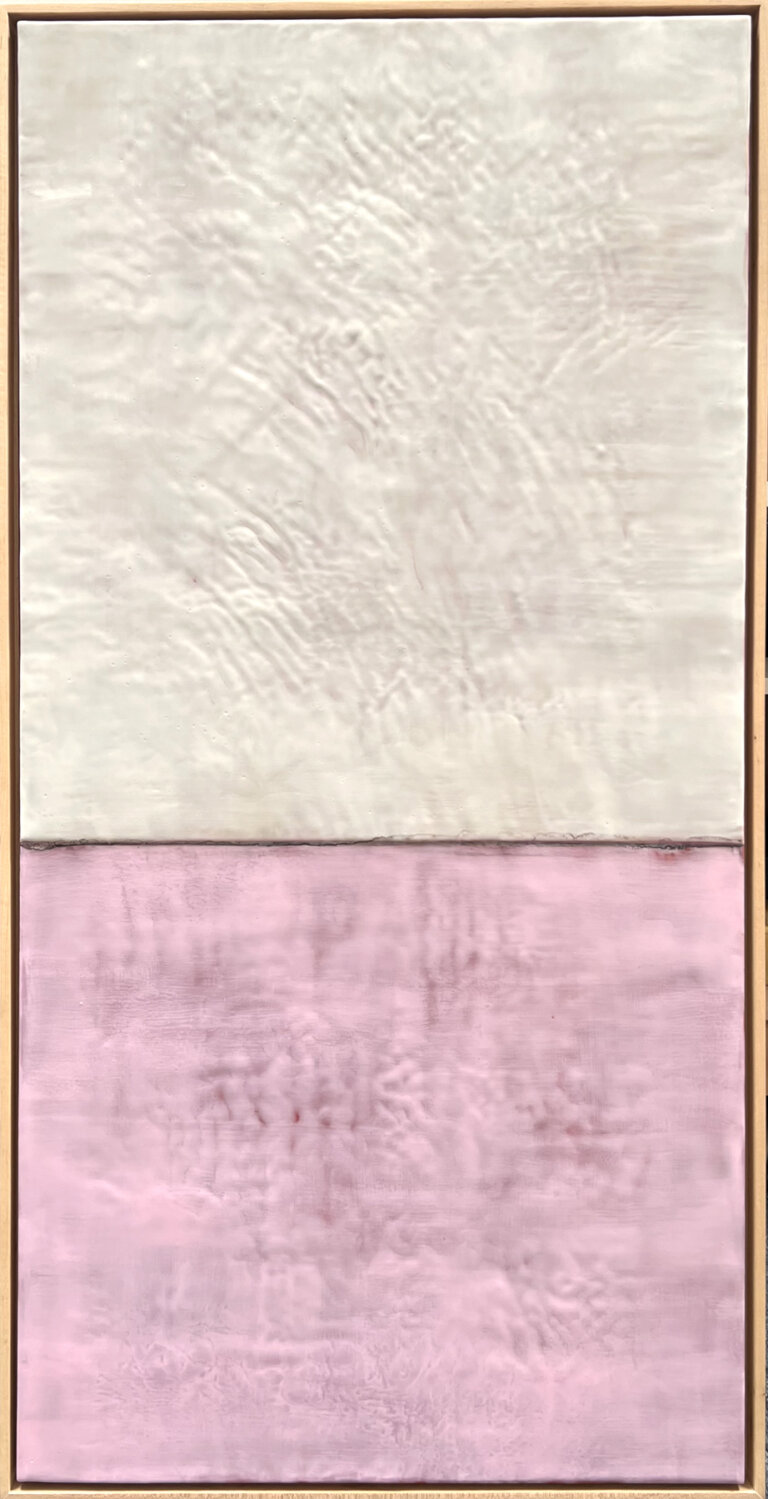 an abstract encaustic piece that is divided horizontally into two sections. the bottom section is a soft bubblegum pink, and the top is a cream color. where the two sections meet there is a thin black line