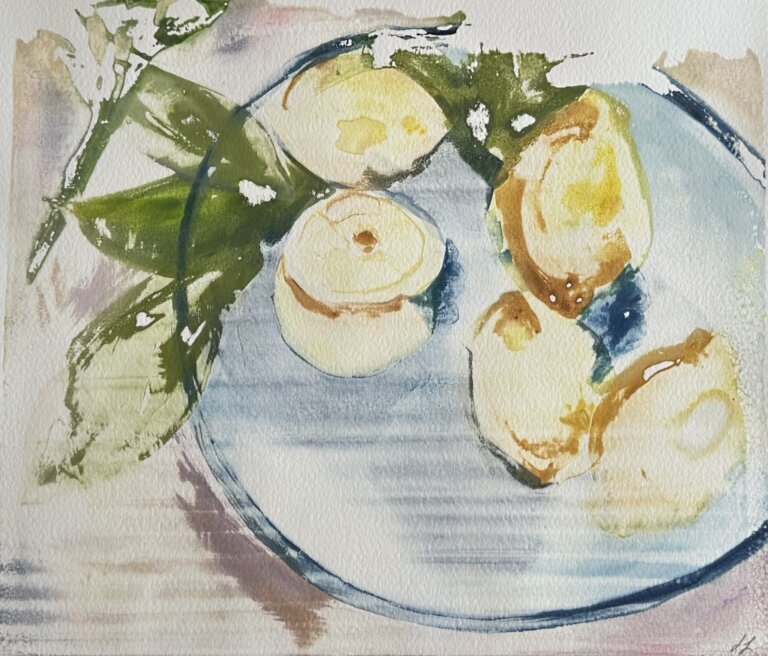an abstract piece showing a light blue plate resting on a pink table. there are 5 lemons on the plate with sap green leaves