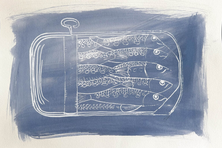 a print of several sardines packed in a tin that is open about two thirds of the way. the tin is in white ink, outlined, and there is a wash of soft gray blue behind it.