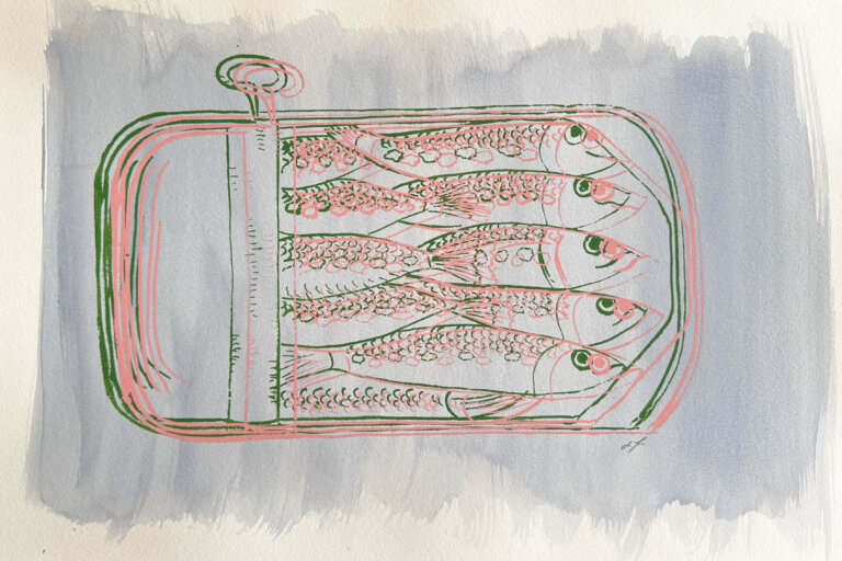 a print of several sardines packed in a tin that is open about two thirds of the way. the tin is outlined in dark green ink overlaid with a watermelon pink outline, and there is a light blue swash behind it