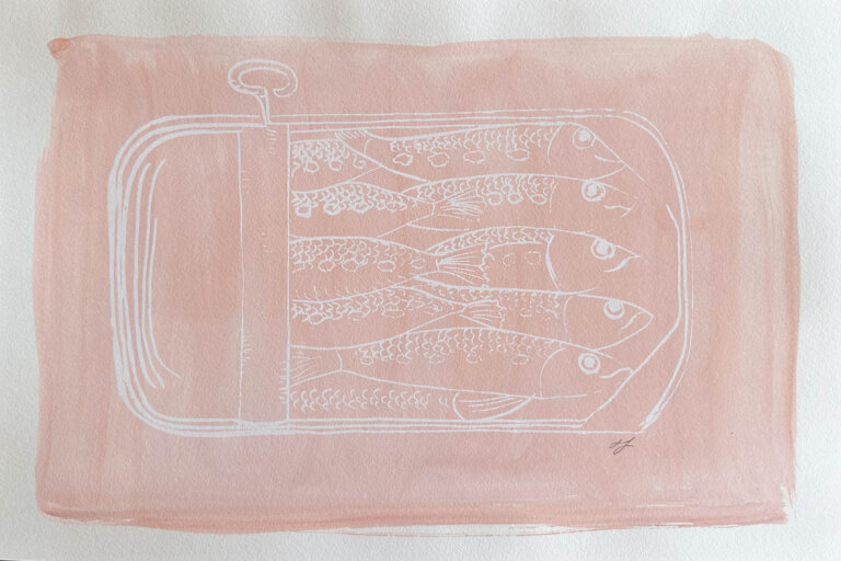 a print of several sardines packed in a tin that is open about two thirds of the way. the tin is outlined in white ink , and there is a pale pink swash behind it