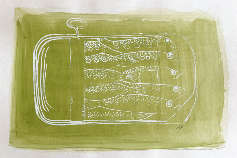 a print of several sardines packed in a tin that is open about two thirds of the way. the tin is outlined in white ink, and there is a sape green swash behind it