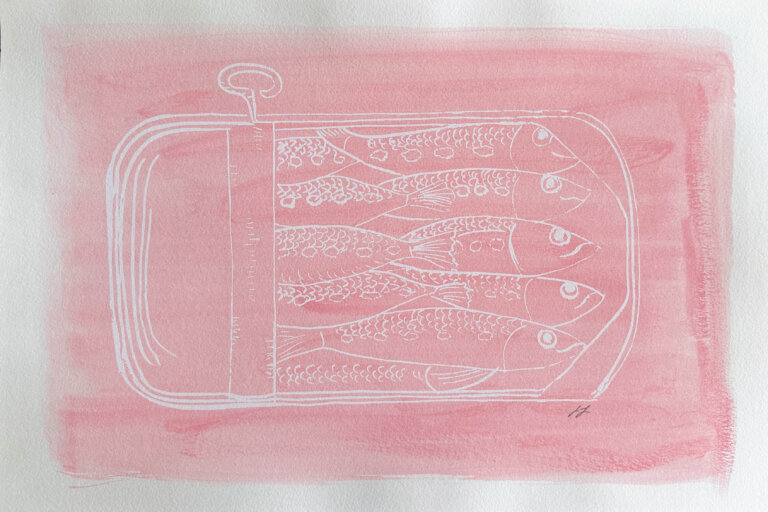 a print of several sardines packed in a tin that is open about two thirds of the way. the tin is outlined in white ink, and there is a bubblegum pink swash behind it