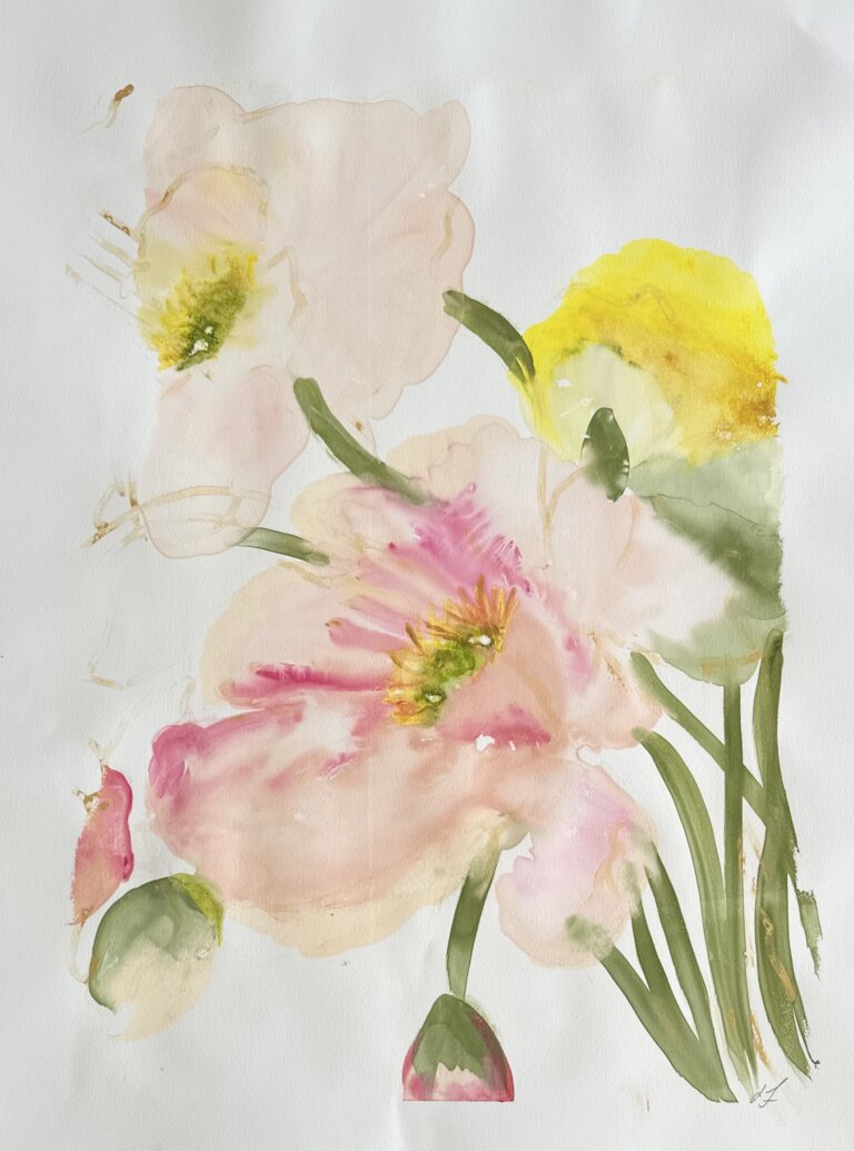 an abstract piece showing two large pale pink poppy flowers with green stems against a white background. there are yellow details on the flowers.