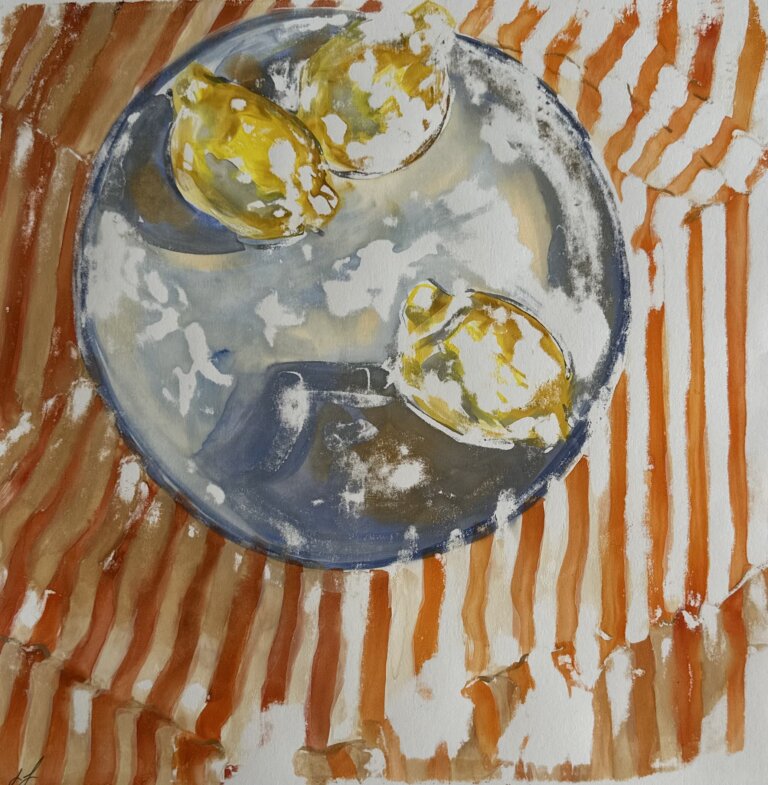 an abstract piece showing a light grey plate resting on an orange and white striped table. there are 3 lemons on the plate