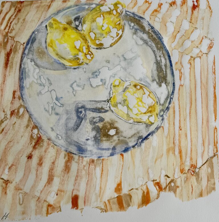 an abstract piece showing a light grey plate resting on an orange and white striped table. there are 3 lemons on the plate