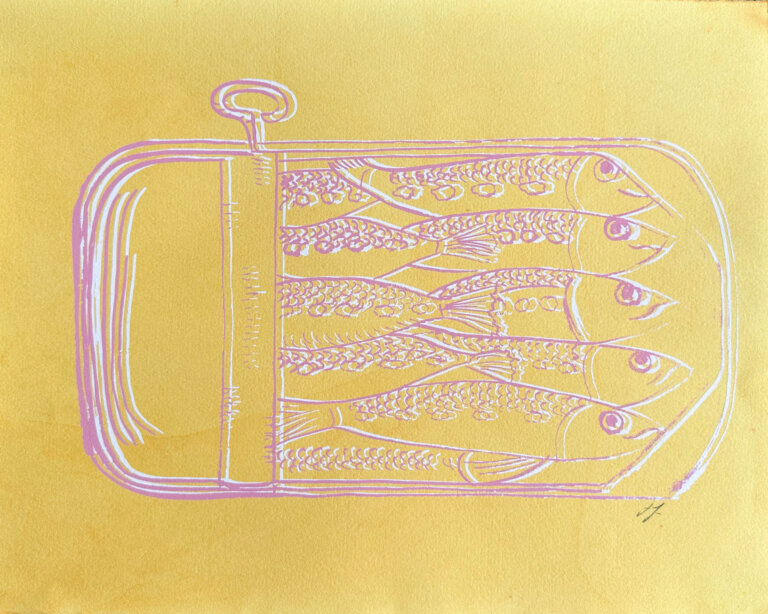a print of several sardines packed in a tin that is open about two thirds of the way. the tin is outlined in white ink overlaid with a watermelon pink outline, and there is a yellow swash behind it