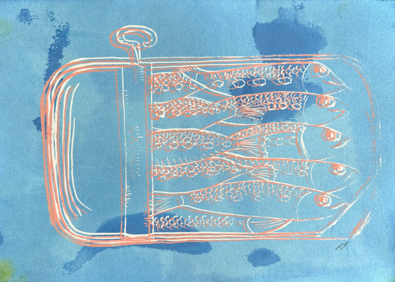 a print of several sardines packed in a tin that is open about two thirds of the way. the tin is outlined in white ink overlaid with a watermelon pink outline, and there is a light blue swash behind it with darker blue blotches