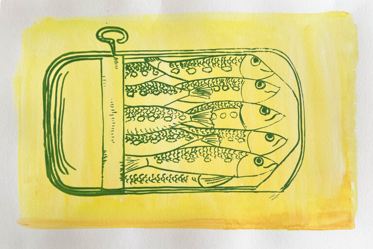 a print of several sardines packed in a tin that is open about two thirds of the way. the tin is in a dark green ink outline and has a yellow swash behind it