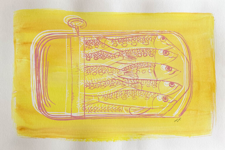 a print of several sardines packed in a tin that is open about two thirds of the way. the tin is outlined in white ink overlaid with a watermelon pink outline, and there is a yellow swash behind it