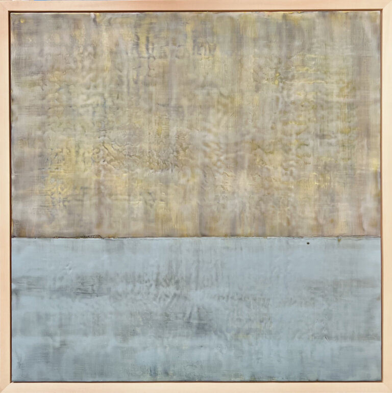 an abstract encaustic piece that is divided horizontally into two sections. the top section is a cream and taupe mixture with olive accents, and the bottom is a light blue color. where the two sections meet there is a thin black line