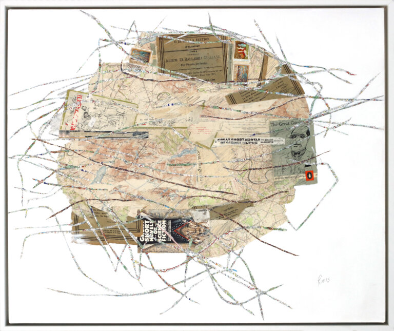 an abstract mixed media collage in the shape of a nest in tones of neutrals and grays with touches of orange and terra cotta