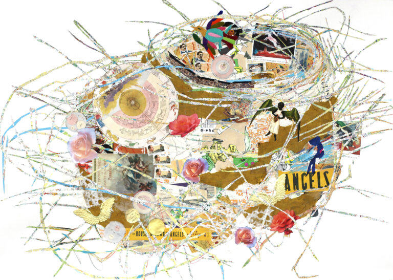 an abstract mixed media collage in the shape of a nest in tones of yellow, red, blue, tawny, and many others