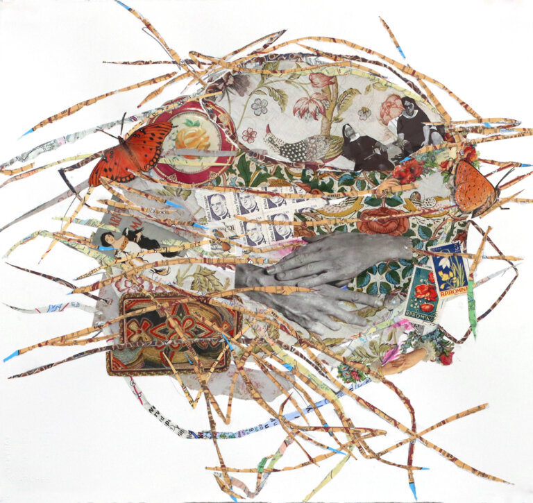 an abstract mixed media collage in the shape of a nest in tones of red, orange, gray, and tans.