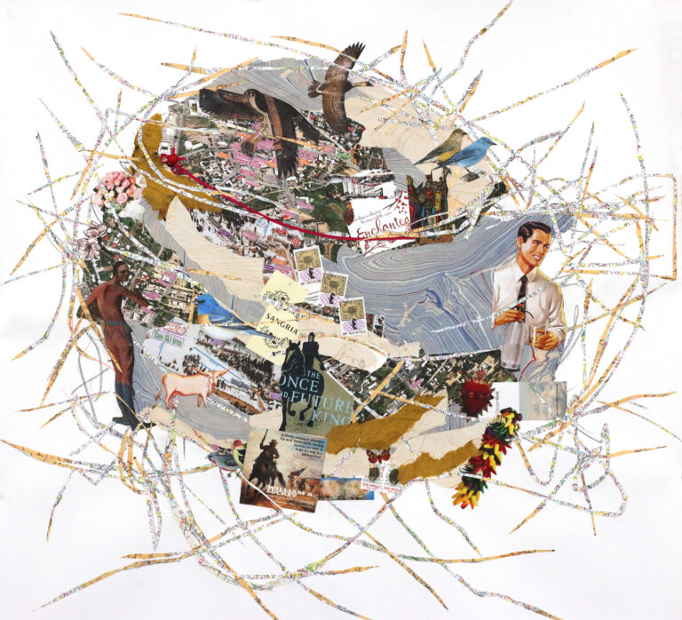 an abstract mixed media collage in the shape of a nest in tones of gray, black, tan, and touches of red, yellow, and blue