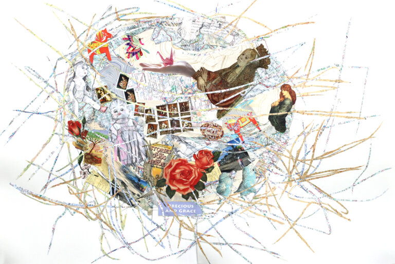 an abstract mixed media collage in the shape of a nest in tones of red, light blue, yellow, tan, and aqua. there are roses and crowned women collaged in different spots