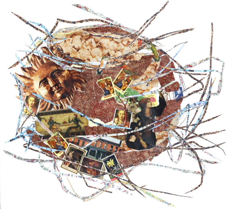 an abstract mixed media collage in the shape of a nest in tones of brown, red, and gold. there is a bronze sun with a face, as well as popcorn collaged