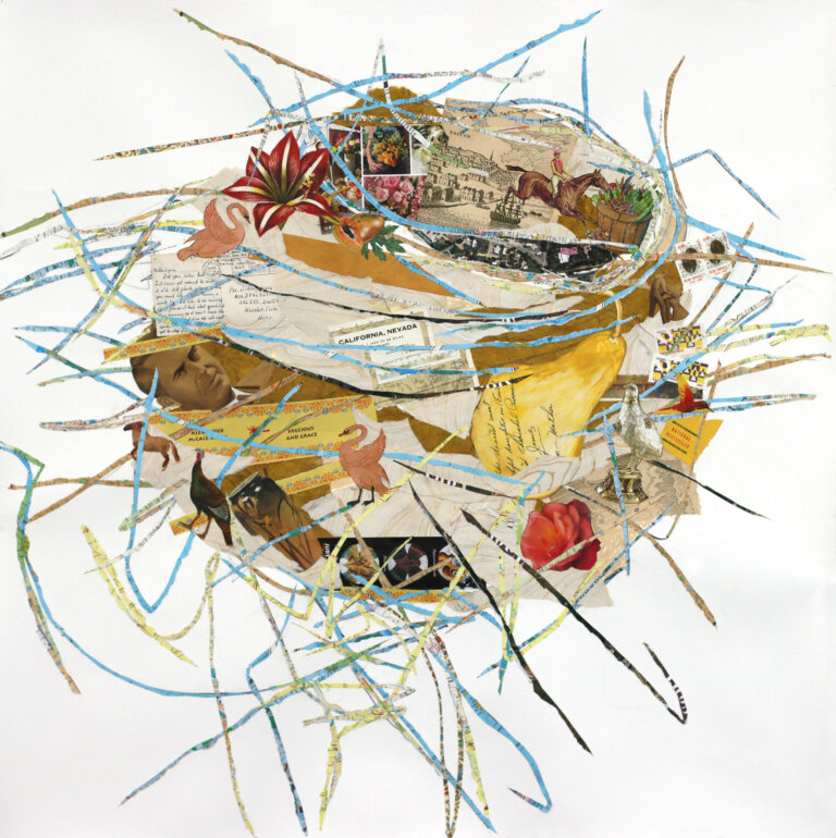 an abstract mixed media collage in the shape of a nest in tones of gold, tawny, brown, red, and light blue. there is a horse and rider, a swan, a rose, and a yellow pear collaged