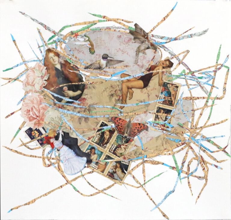 an abstract mixed media collage in the shape of a nest in tones of tan, pale pink, and light blue. there are several redheaded female figures as well as assorted hummingbirds and stamps