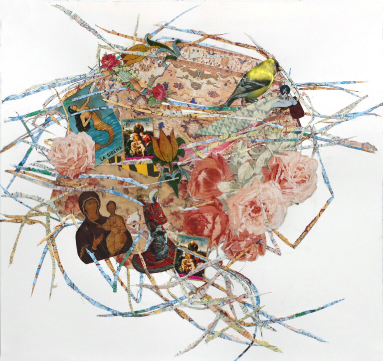 an abstract mixed media collage in the shape of a nest in tones of pink, aqua, toned tan paper, and light blue. there are several fluffy pink roses, as well as a byzantine madonna and child