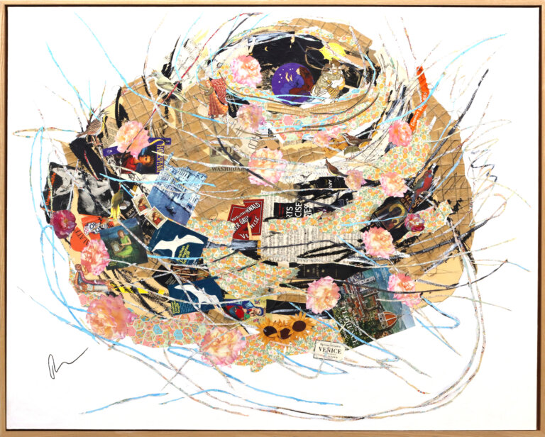 an abstract mixed media collage in the shape of a nest in tones of tan, gold, pink, and light blue. there are several white birds on indigo backgrounds as well as fluffy pink roses. there is a purple circle with a brunette woman inside