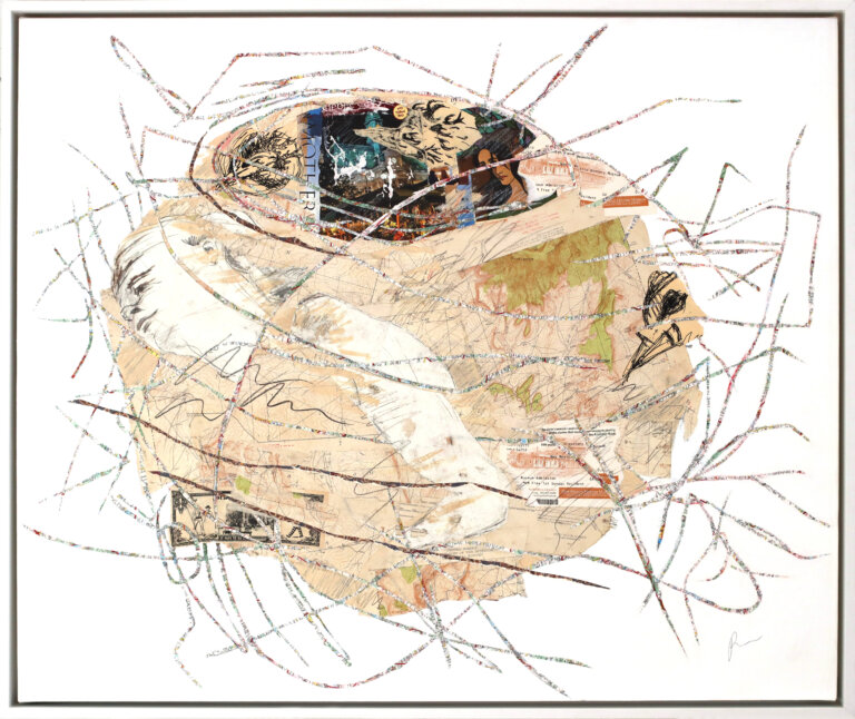 an abstract mixed media collage in the shape of a nest in tones of tan, taupe, pale green, and indigo.